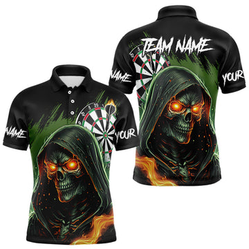 Maxcorners Personalized Green Death Skeleton Fire Dart Shirts For Men Custom Skull Dart Jersey Polo & 1/4 Zip