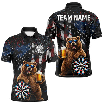 Maxcorners Funny Bear Grunge American Flag Darts Shirt For Men Custom Darts Jersey Team Polo & 1/4 Zip