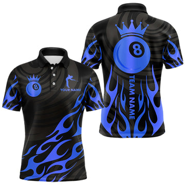 Maxcorners Custom Crown 8 Ball Billiard Shirt For Men, Black And Blue Pool Team Jersey Polo & Quarter Zip LM1112
