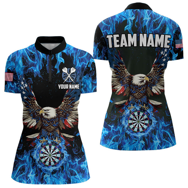 Maxcorners Blue Flaming American Flag Eagle Custom 3D Dart Shirts For Men And Women, Patriotic Darts Team Jersey