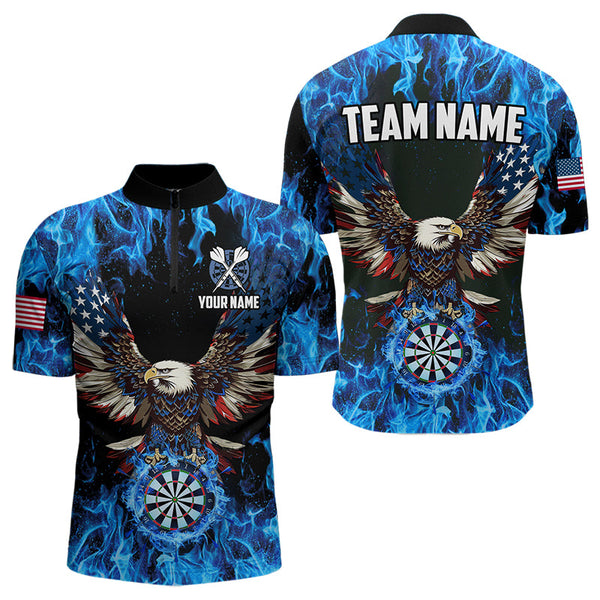 Maxcorners Blue Flaming American Flag Eagle Custom 3D Dart Shirts For Men And Women, Patriotic Darts Team Jersey