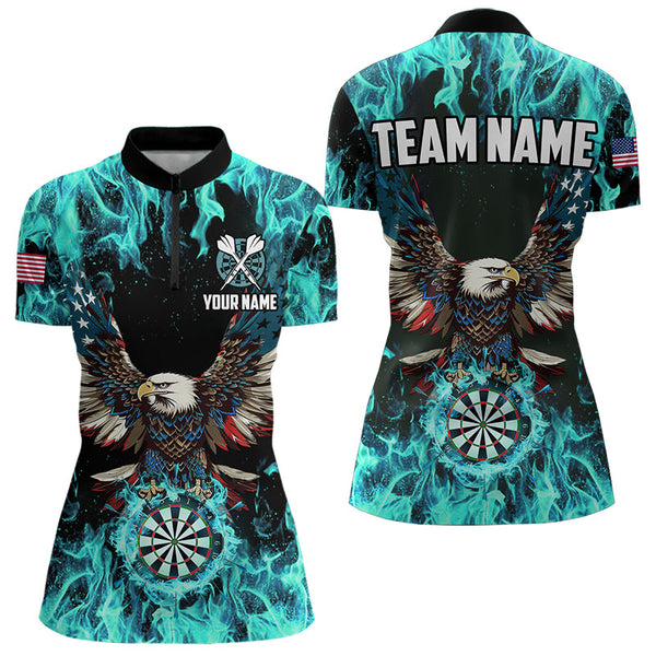 Maxcorners Turquoise Flame American Flag Eagle Custom 3D Dart Shirt For Men And Womenpatriotic Darts League Team Jersey