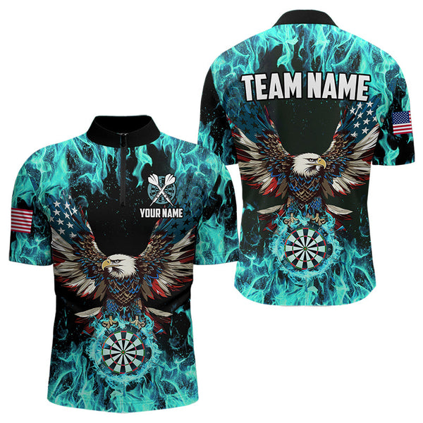 Maxcorners Turquoise Flame American Flag Eagle Custom 3D Dart Shirt For Men And Womenpatriotic Darts League Team Jersey