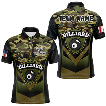 Maxcorners Personalized Green Camo 8 Ball Pool Billiard Shirt For Men, Billiard Team Jersey Polo & 1/4 Zip