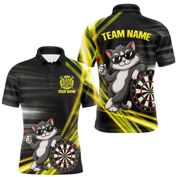 Maxcorners Custom Black And Yellow Funny Cat Darts Shirt For Men, Darts Jersey Polo & 1/4 Zip, Darts Gifts LM1005