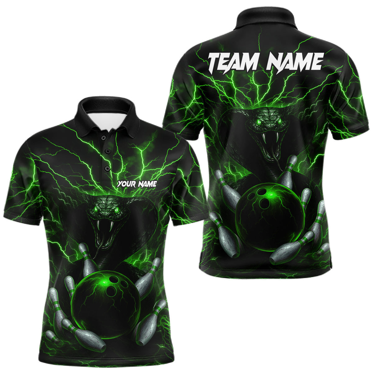 Maxcorners Personalized Green Lightning Thunder Cobra Snake Bowling Shirt For Men Custom Bowling Team Jersey