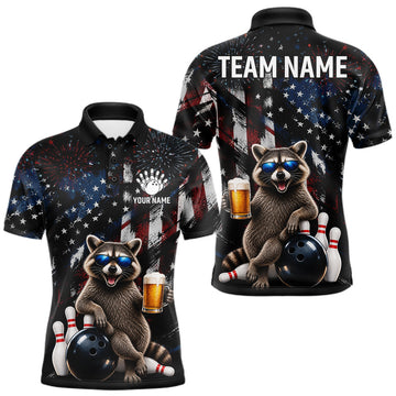 Maxcorners Funny Raccoon Grunge American Flag Bowling Shirt For Men Custom Bowling Jersey Team Polo & 1/4 Zip