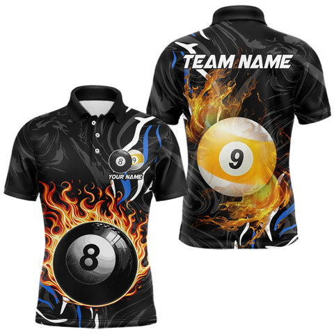 Maxcorners Personalized 8 Ball & 9 Ball Fire Flame Men Billiard Shirt, Billiard Jersey For Team Pooler |Blue MT0811
