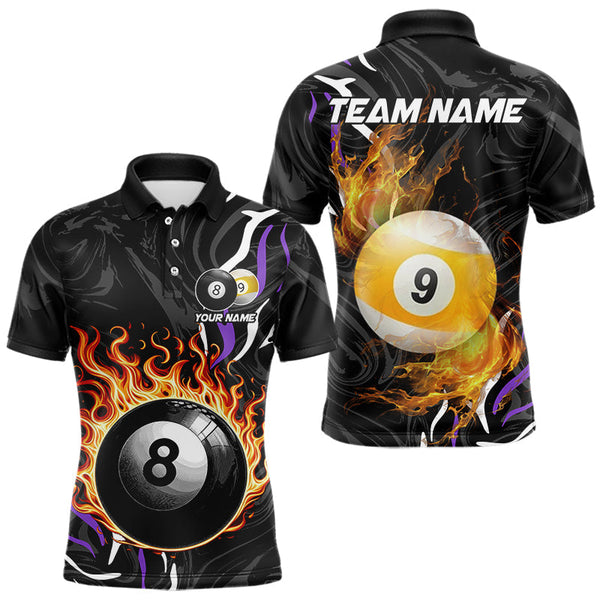 Maxcorners Personalized 8 Ball & 9 Ball Fire Flame Men Billiard Shirt, Billiard Jersey For Team Pooler|Purple MT0811