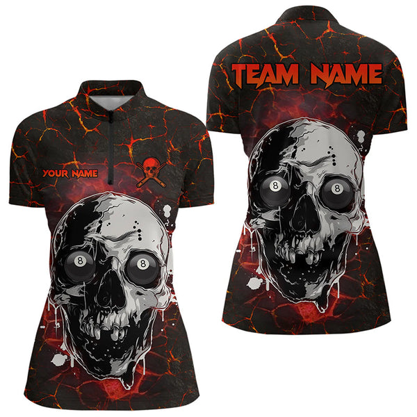 Maxcorners Personalized Red Crack Grunge Skull Women Billiard Shirts, Funny Billiard Shirts Pool Team Jerseys