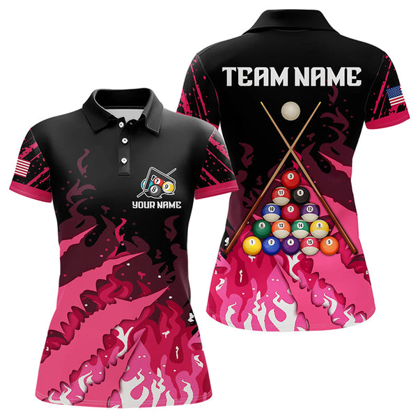 Maxcorners Custom Pink And Black Billiard Polo & Quarter Zip For Women, 3D Billiard Team Shirts Pool Jerseys