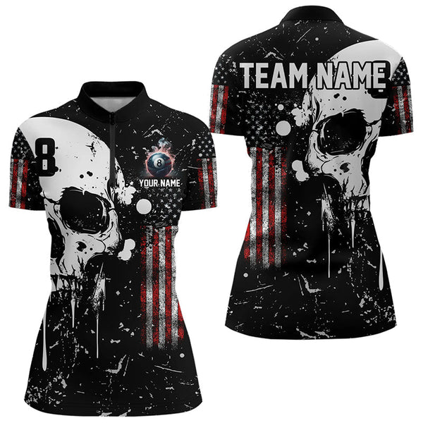 Maxcorners Black Grunge Skull American Flag Men Billiard Polo, Quarter Zip Custom Patriotic Billiard Jersey