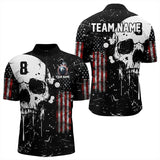 Maxcorners Black Grunge Skull American Flag Men Billiard Polo, Quarter Zip Custom Patriotic Billiard Jersey