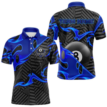 Maxcorners Custom Black And Blue 8 Ball Tribal Flame Billiard Shirt For Men, Pool Team Jersey Polo & 1/4 Zip LM1104