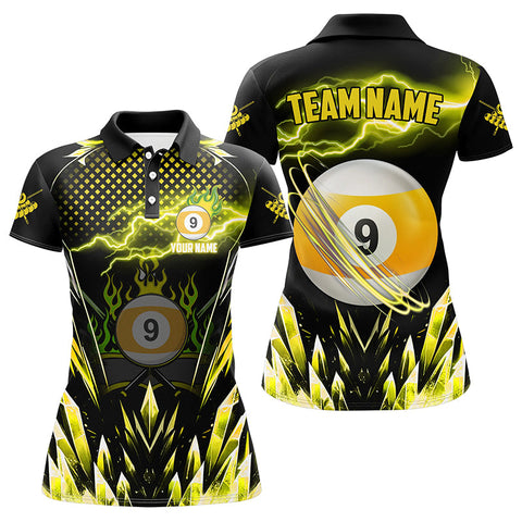 Maxcorners Personalized Yellow Icy Lightning 9 Ball Pool Women Polo Shirts
