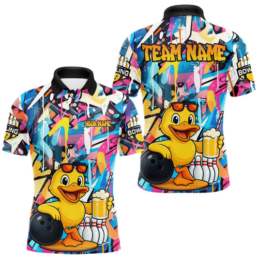 Maxcorners Funny Duck Colorful Graffiti Bowling Shirts For Men, Best Bowling Team Jersey Polo & 1/4 Zip LM1005