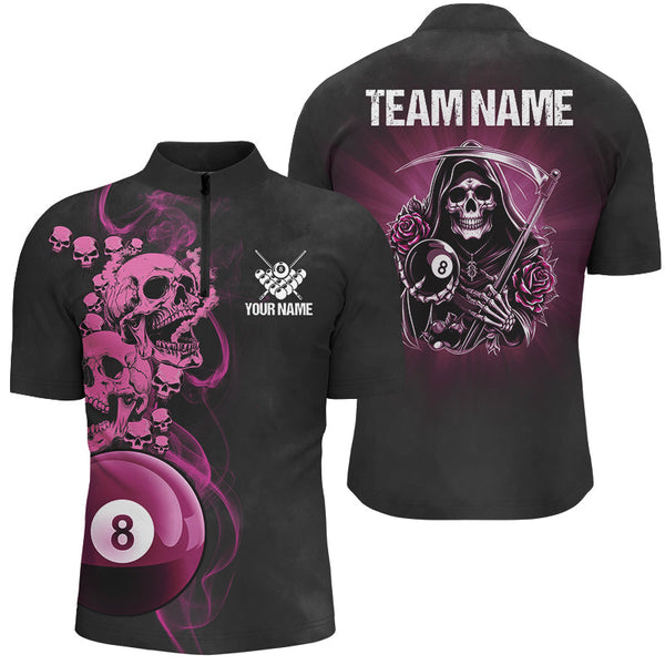 Maxcorners Funny Skull And Rose Custom 8 Ball Billiard Shirts Pink Black Scary Billiard Jerseys