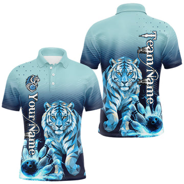 Maxcorners Blue Lightning Geometric Tiger Bowling Polo, Quarter Zip Shirts For Men Custom Bowling Team Jersey