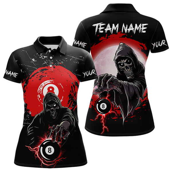 Maxcorners Black And Red Grunge Death Skeleton 8 Ball Billiard Shirt For Men And Women Custom Cool Billiard Team Jersey