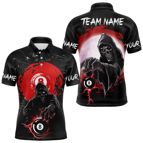 Maxcorners Black And Red Grunge Death Skeleton 8 Ball Billiard Shirt For Men And Women Custom Cool Billiard Team Jersey