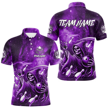 Maxcorners Funny Purple Grim Reaper Galaxy Bowling Shirt For Men Custom Bowling Team Jersey Polo & 1/4 Zip
