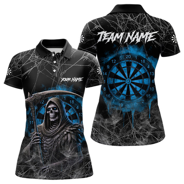 Maxcorners Black And Blue Grim Reaper Smoke Funny Dart Shirts For Men Custom Dart Jerseys, Darts Clothing