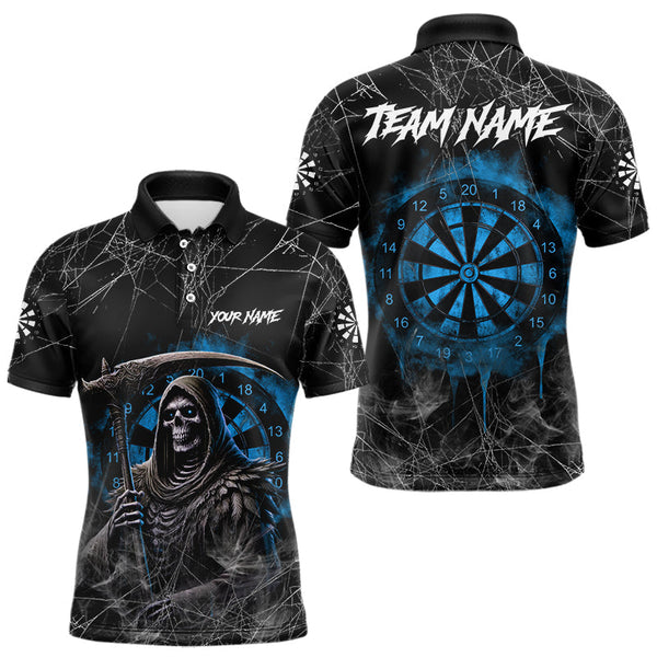 Maxcorners Black And Blue Grim Reaper Smoke Funny Dart Shirts For Men Custom Dart Jerseys, Darts Clothing