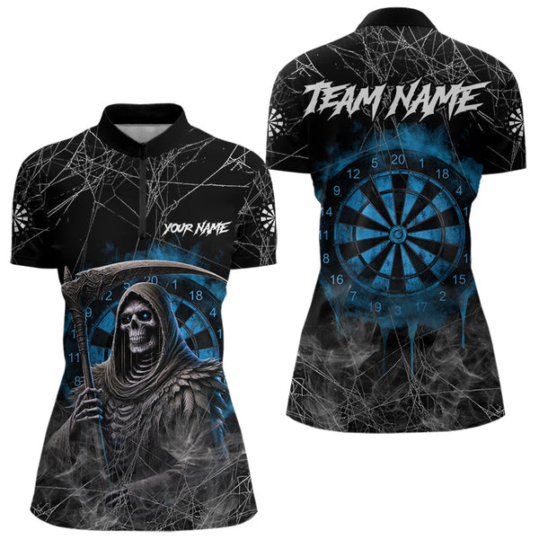 Maxcorners Black And Blue Grim Reaper Smoke Funny Dart Shirts For Men Custom Dart Jerseys, Darts Clothing