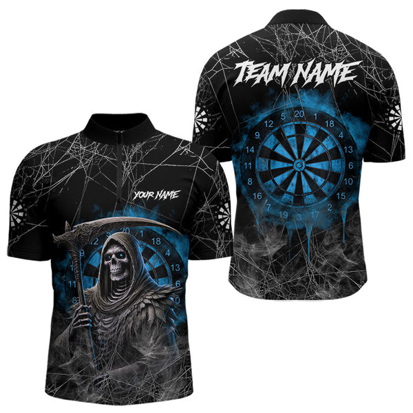 Maxcorners Black And Blue Grim Reaper Smoke Funny Dart Shirts For Men Custom Dart Jerseys, Darts Clothing