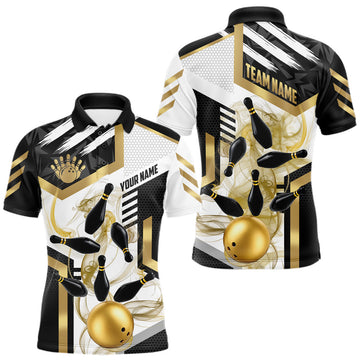 Maxcorners Custom Smoke Bowling Pins Polo & Quarter Zip Shirt For Men, Bowling League Team Jersey |Gold LM1705