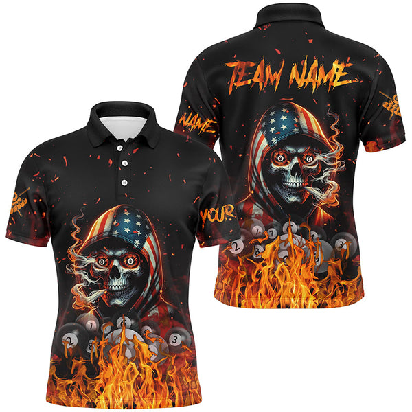 Maxcorners Billiard Funny Skull Us Flag Fire Customized Name, Team Anme 3D Polo Shirt