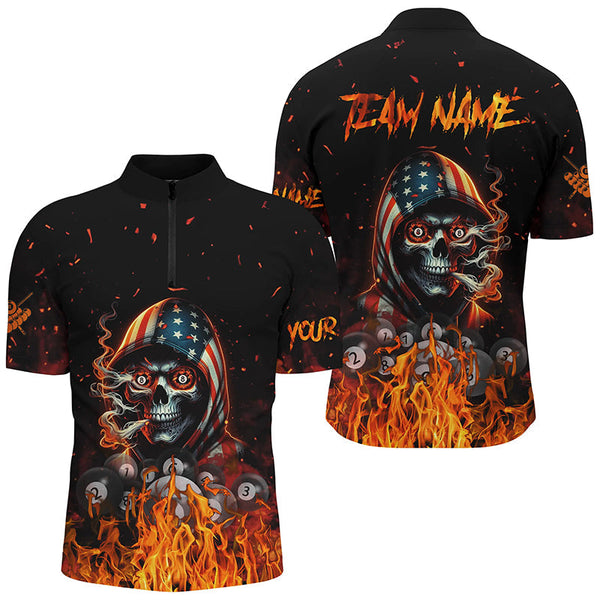 Maxcorners Billiard Funny Skull Us Flag Fire Customized Name, Team Anme 3D Polo Shirt