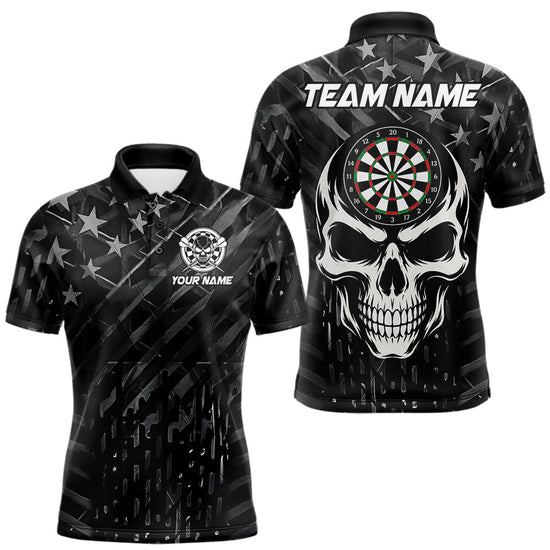 Maxcorners Personalized Black US Flag Skull Darts Shirt For Men Custom Darts League Team Jersey Polo, 1/4 Zip