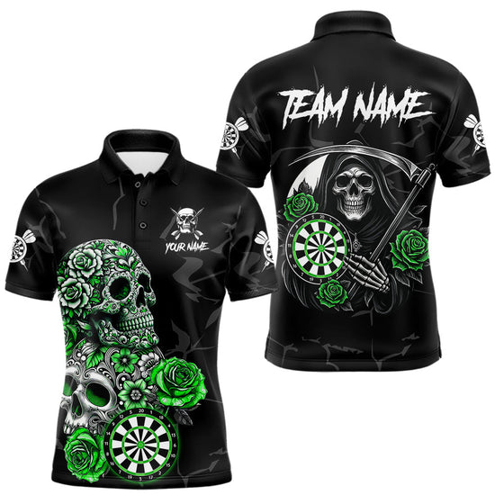 Maxcorners Personalized Green Funny Skull Roses Darts Shirt For Men Custom Darts Team Jersey, Darts Outfit