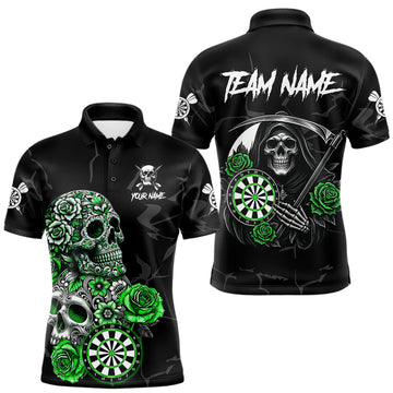 Maxcorners Personalized Green Funny Skull Roses Darts Shirt For Men Custom Darts Team Jersey, Darts Outfit