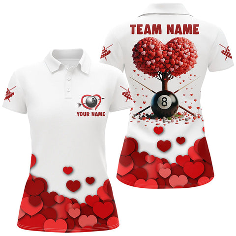 Maxcorners Valentine 8 Ball Pool With Red Hearts Tree For Women Polo Shirts, Custom Billiard Valentines Sport Shirts