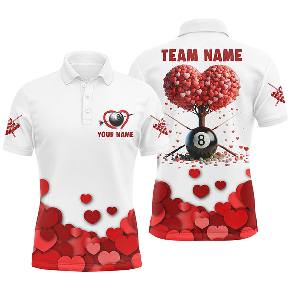 Maxcorners Valentine 8 Ball Pool With Red Hearts Tree For Men Polo Shirts, Custom Billiard Valentines Sport Shirts