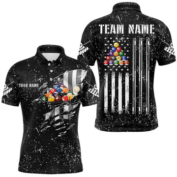 Maxcorners Personalized Black Grunge Us Flag Billiard Balls Polo, 1/4 Zip For Men, 8 Ball Pool Billiard Jersey
