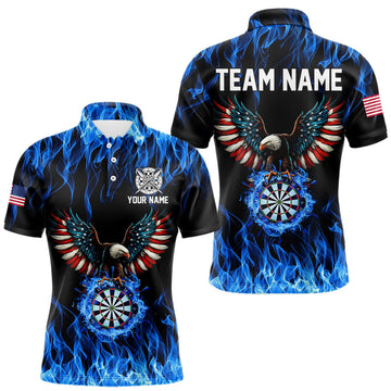 Maxcorners Blue Flaming American Flag Eagle Darts Shirt For Men Custom Darts Jersey Team Polo & 1/4 Zip LM1202