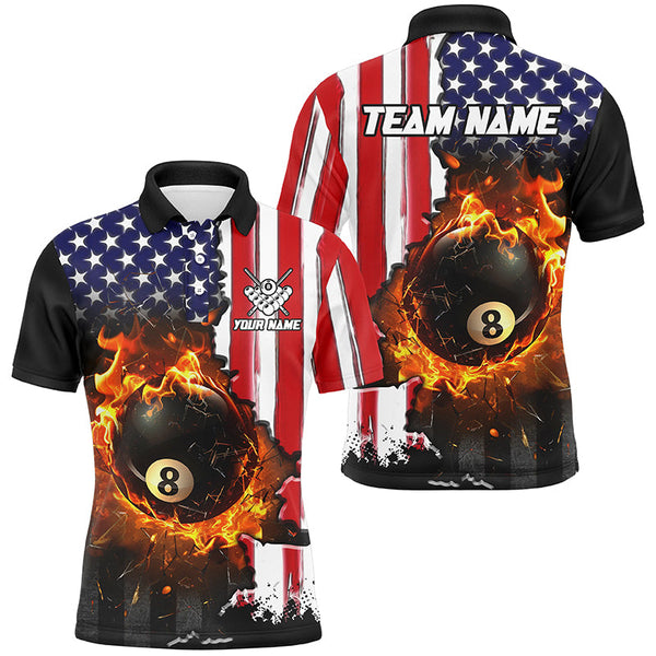 MaxCorners Billiard American Flag 8 Ball Pool Fire Break Glass Customized Name, Team Name 3D Polo Shirt