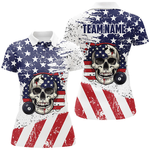 Maxcorners Billiard Skull Grunge American Flag Custom Billiard Shirts Patriotic Billiard Clothing