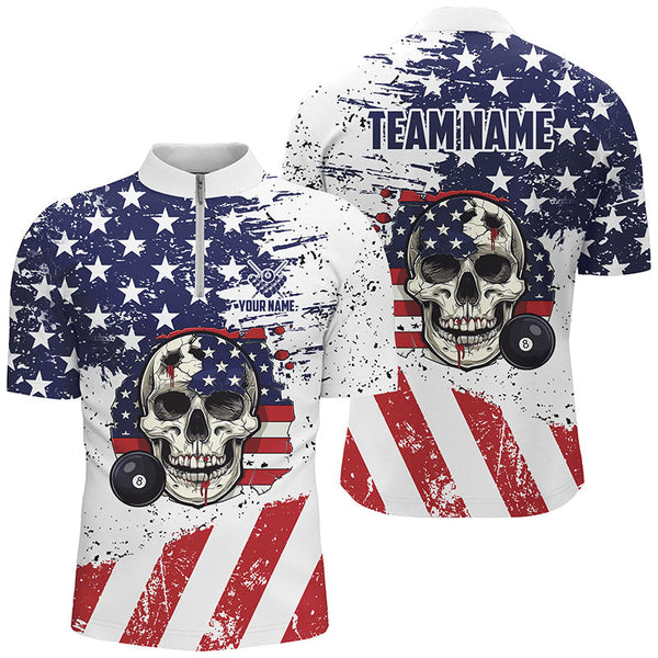 Maxcorners Billiard Skull Grunge American Flag Custom Billiard Shirts Patriotic Billiard Clothing