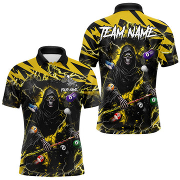 Maxcorners Yellow Grim Reaper Lightning Billiard Shirts For Men Custom 8 Ball Pool Team Jersey Polo, 1/4 Zip LM1307