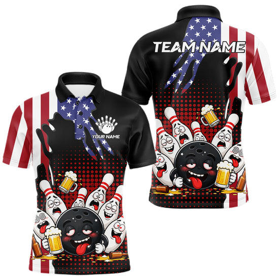 Maxcorners American Flag Funny Drunk Beer Bowling Shirts For Men Custom Patriotic Bowling Team Jersey