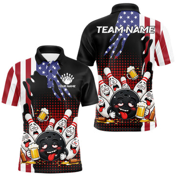 Maxcorners American Flag Funny Drunk Beer Bowling Shirts For Men Custom Patriotic Bowling Team Jersey