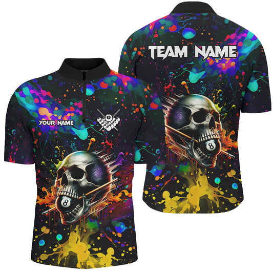 Maxcorners Personalized Colorful Ink Splash Skull Billiard Shirts For Men, Funny Billiard Jerseys Pool Outfit