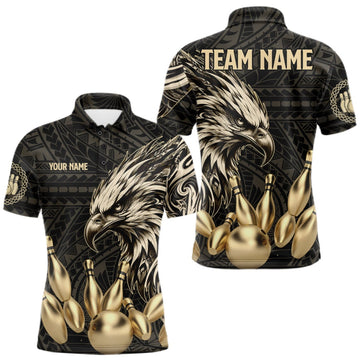 Maxcorners Black And Gold Custom Eagle Tribal Bowling Shirt For Men, Retro Bowling Team Jersey Polo & 1/4 Zip LM1910