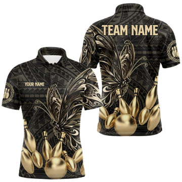 Maxcorners Black And Gold Custom Butterfly Tribal Bowling Shirt For Men, Retro Bowling League Team Jersey LM1910