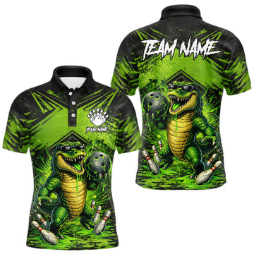 Maxcorners Black And Green Funny Alligator Bowling Shirt For Men Custom Bowling Jersey Team Polo & 1/4 Zip