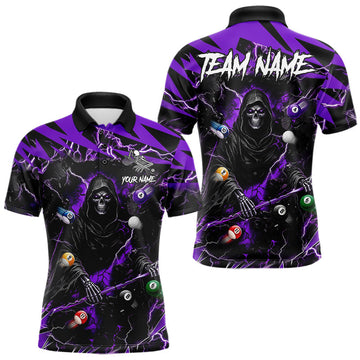 Maxcorners Purple Grim Reaper Lightning Billiard Shirts For Men Custom 8 Ball Pool Team Jersey Polo & 1/4 Zip